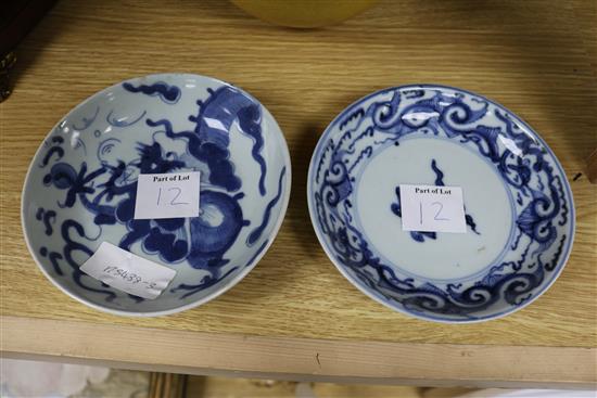 A Chinese yellow ground bowl (a.f.)and two blue and white dishes 19cm. & 16cm.